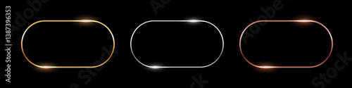 Gold, silver and bronze oval frames. Horizontal thin metal ellipse photo or picture frames isolated on black background. Simple object mockup. 3d abstract empty template vector illustration set.