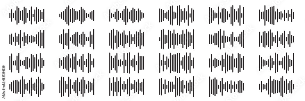 Sound waves set. Music audio frequency, voice waveform, electronic radio signal, volume level, track symbol. Various noise pulses black lines isolated on transparent. Abstract vector background. Sound waves set. Music audio frequency, voice waveform, electronic radio signal, volume level, track symbol. Various noise pulses black lines isolated on transparent. Abstract vector background.