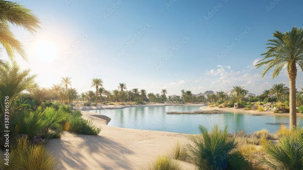 Desert landscape with oases and bright sun