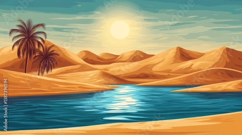 Obraz na płótnie Desert landscape with oases and bright sun w salonie