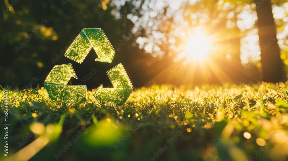 Green triangle recycling 3d sign on grass illuminated by sun