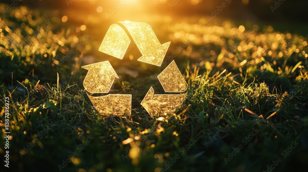 Green triangle recycling 3d sign on grass illuminated by sun