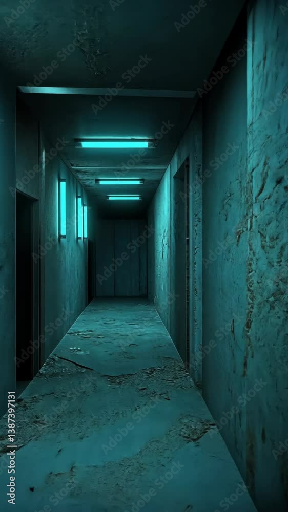 Urban corridor with blue neon lights showing worn surfaces and rough textures in a dimly lit environment