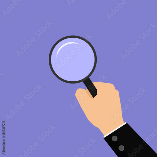 Businessman hand holding magnifier. Cartoon style hand holding a magnifying glass against a purple background. Flat style vector illustration, EPS10