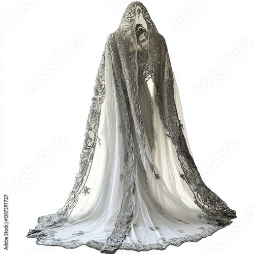 A long hooded cape or robe with intricate lace detailing