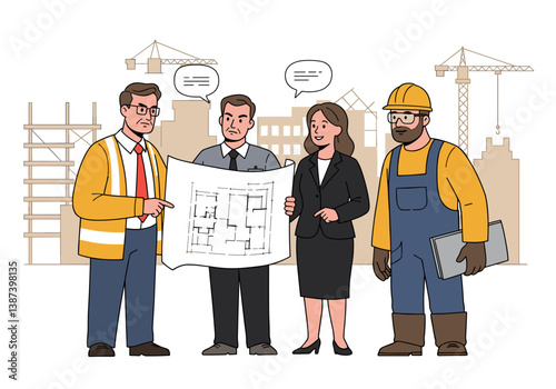 Construction workers discussing plans at a project site - строительные рабочие обсуждают планы на строительном объекте  