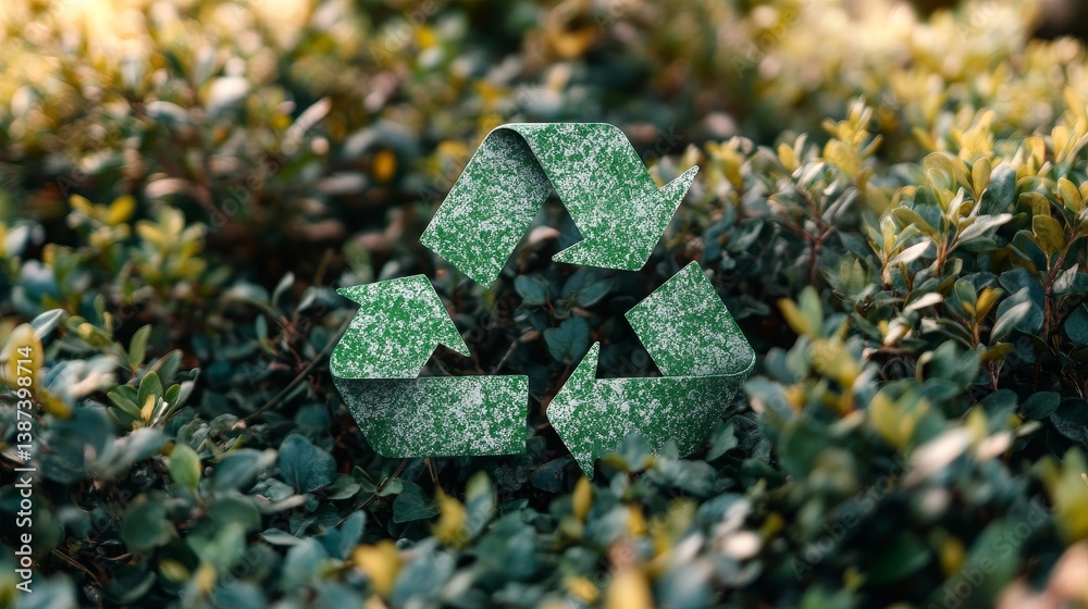 Green triangle recycling 3d sign on grass illuminated by sun