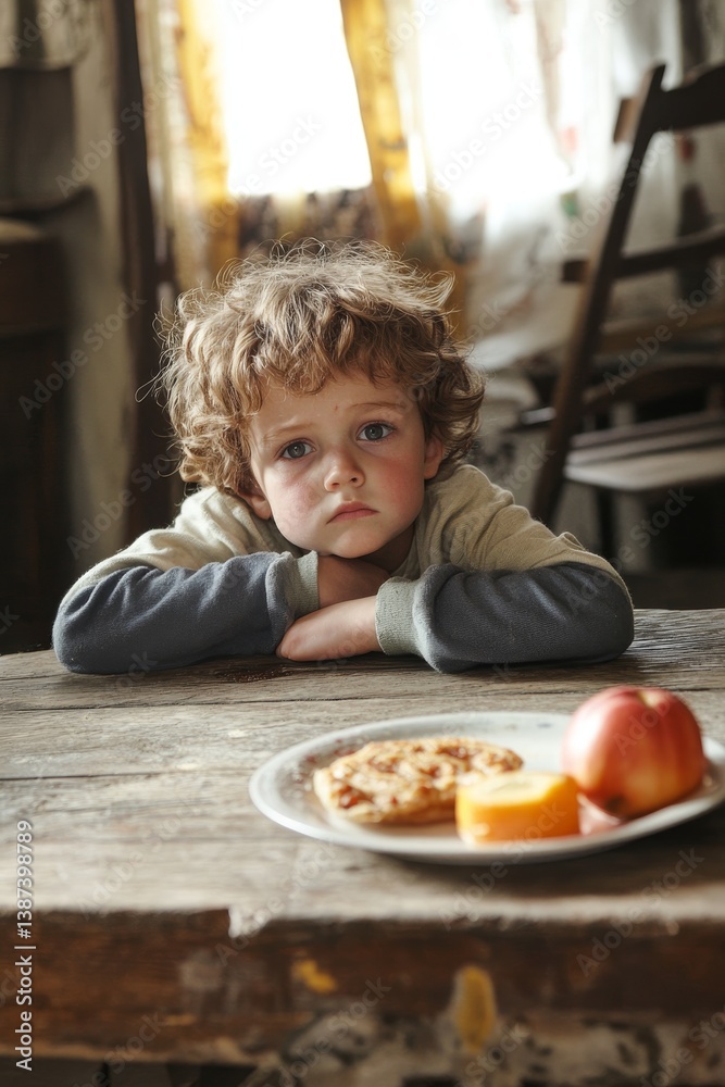 the child sits over a plate of unhealthy food and doesn't want to eat it