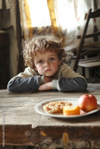 Obraz na płótnie the child sits over a plate of unhealthy food and doesn't want to eat it w salonie