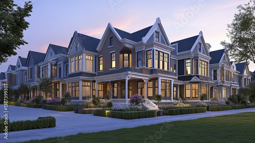 Victorian style row houses with decorative cornices at sunset
