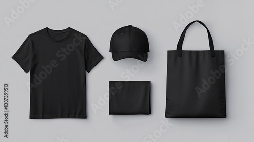 Minimalist Black Apparel Mockup Featuring T-Shirt, Cap, Tote Bag and Bandana