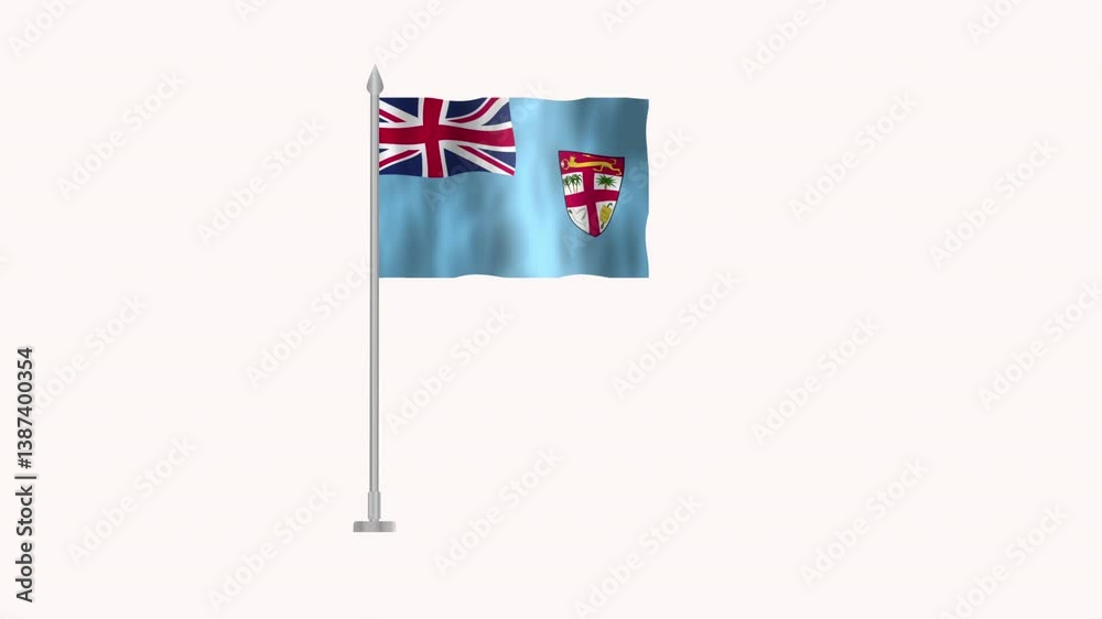 Flag of Fiji, Pole flag of Fiji on white screen, Fiji 3D Animation flag waving in the wind isolated on white Background. 
