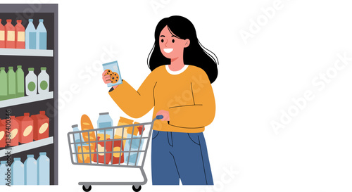 Happy shopper holding cookies in a grocery store aisle  