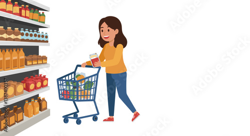 Happy woman shopping for groceries in a supermarket aisle  
