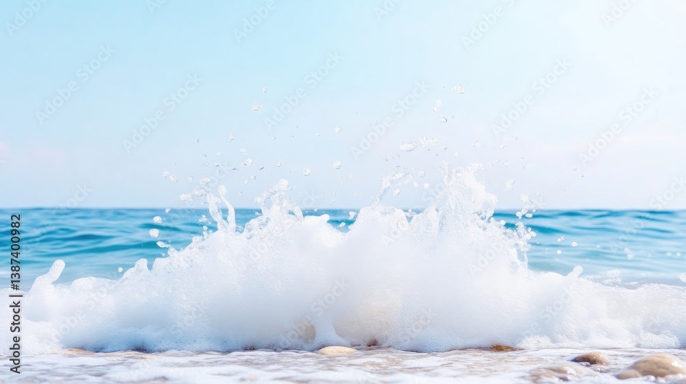 Fototapeta premium A large wave crashes onto a beach, its white foam contrasting with the blue ocean. The image is well-lit, showcasing a serene scene. The style is minimalist and peaceful. Light blue and white colors