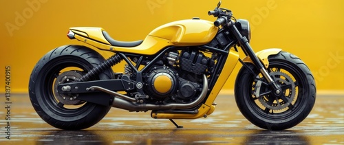 Minimal cyberpunk yellow bike with dirt, scuffs on wet surface.