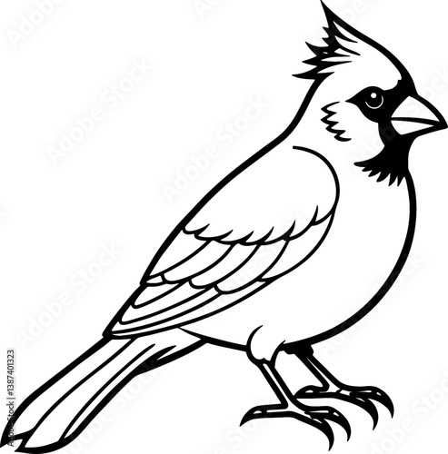 Cardinal bird simple black line art image, Black bold outline vector icon, Bird vector illustration