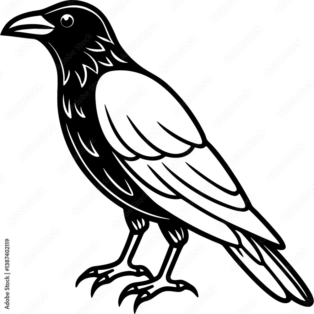 Obraz premium Crow bird simple black line art image, Black bold outline vector icon, Bird vector illustration