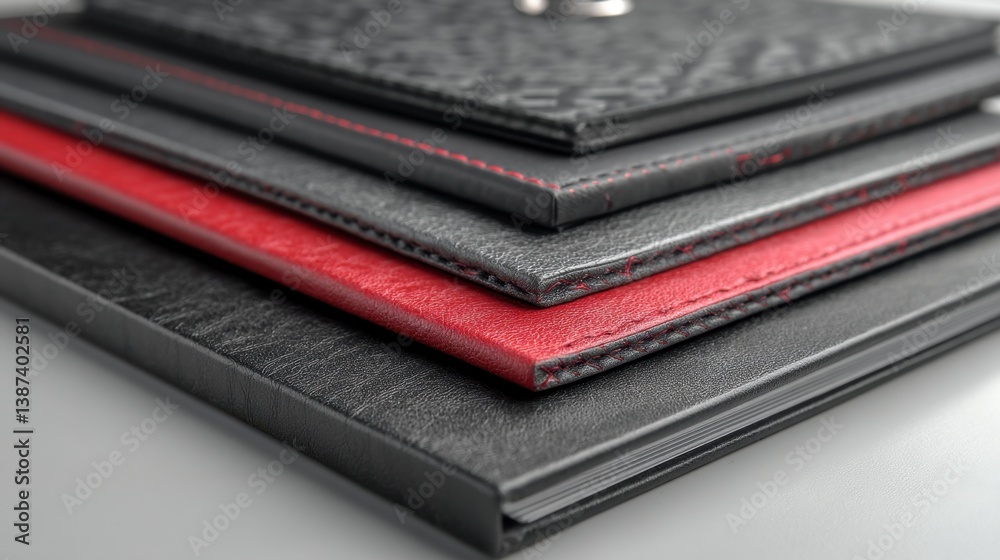 Close up of four textured, leather bound books with red and black covers, showing stitching and water droplets. Close up of four textured, leather bound books with red and black covers, showing stitching and water droplets.