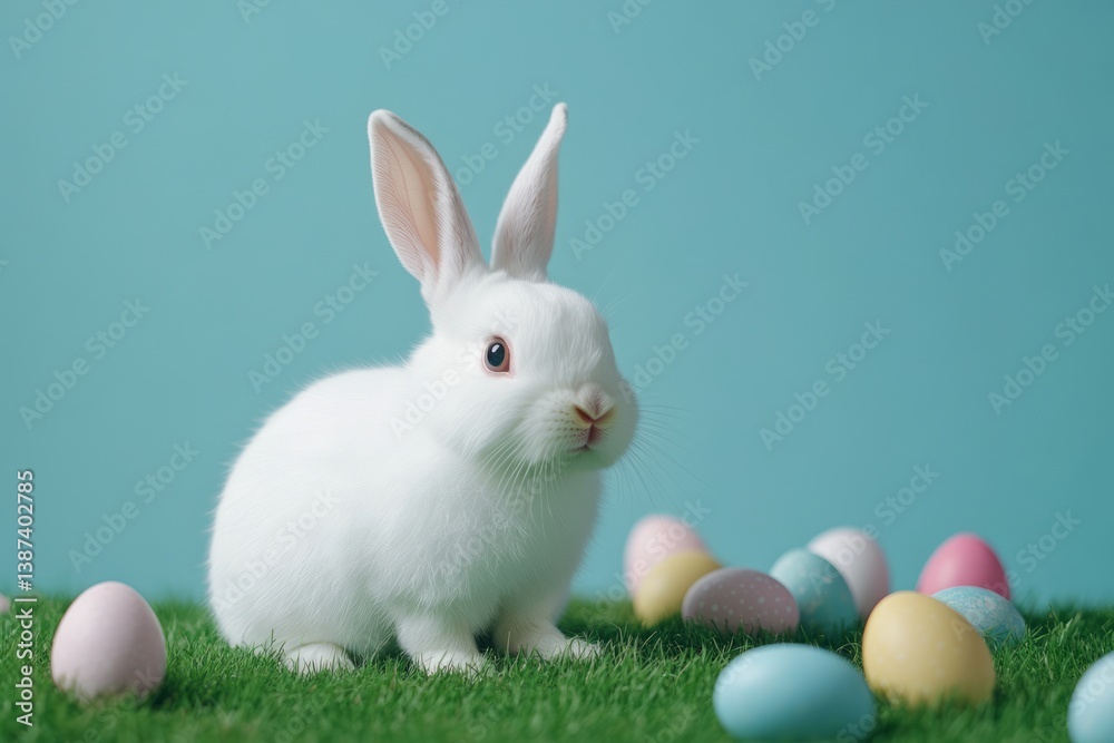 Fototapeta premium White easter bunny is sitting on green grass with colorful easter eggs and a blue background 