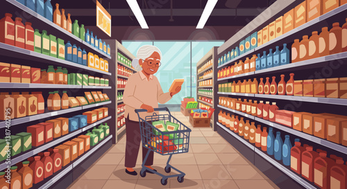Elderly woman shopping thoughtfully in supermarket aisle  