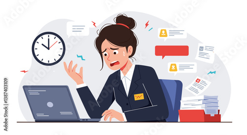 Woman expressing stress while working on a laptop against a busy background  