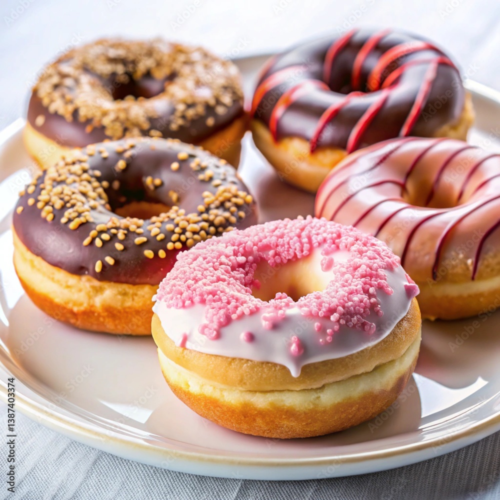 Assorted donuts with chocolate and strawberry glaze on a white plate Assorted donuts with chocolate and strawberry glaze on a white plate