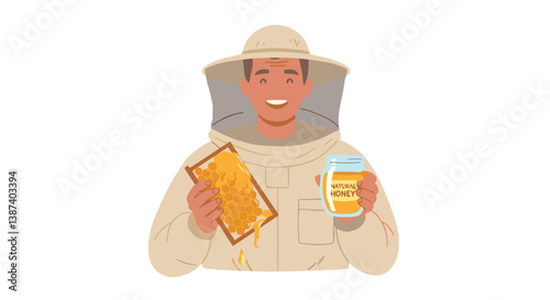 Happy beekeeper holding honeycomb and jar of honey  
