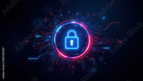 Wallpaper Mural Cybersecurity digital lock icon with glowing neon lights on dark background. Torontodigital.ca