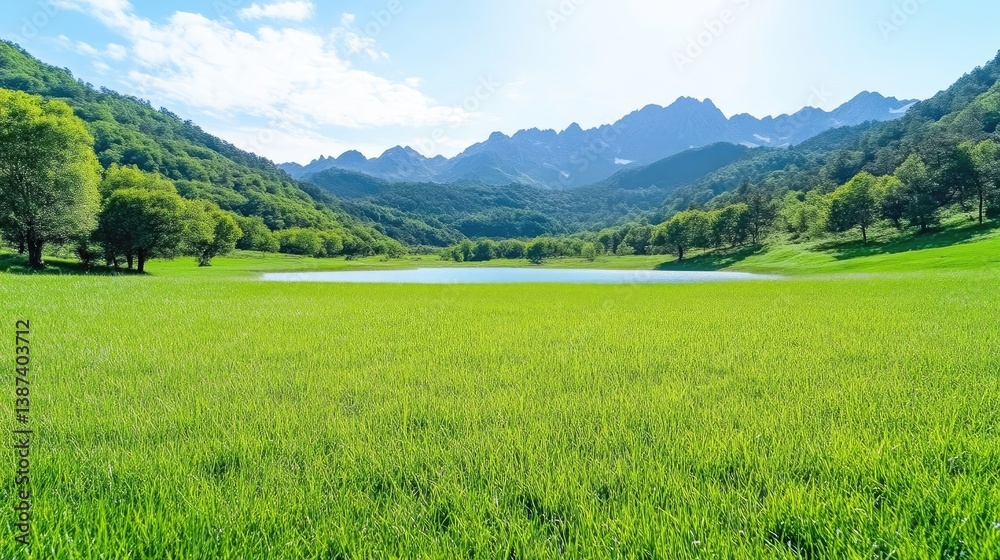A vast, vibrant green field stretches to a calm lake, reflecting the mountains. Trees line the lakes edge, creating a peaceful scene. The high-resolution image boasts bright, natural lighting. The A vast, vibrant green field stretches to a calm lake, reflecting the mountains. Trees line the lakes edge, creating a peaceful scene. The high-resolution image boasts bright, natural lighting. The