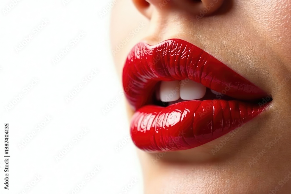 Fototapeta premium Close-up of luscious red lips against pure white backdrop, clean background, fashion