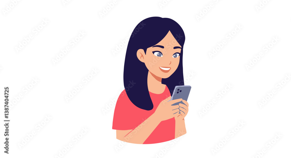 Smiling woman using smartphone in a minimalist style Smiling woman using smartphone in a minimalist style