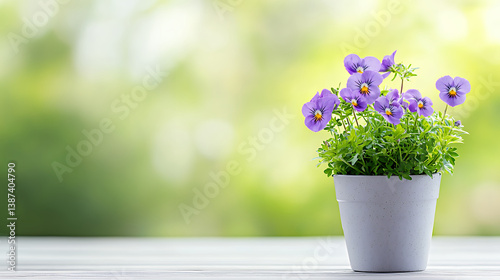 beautiful pot of purple pansy flowers sits on wooden table, bringing touch of nature and tranquility to serene background