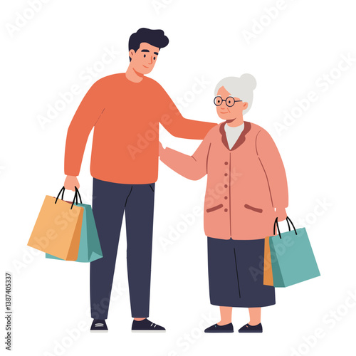Young man helping elderly woman with shopping bags in a cheerful setting  
