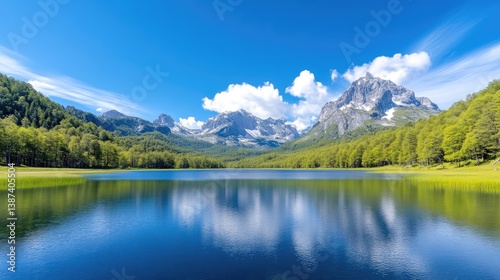 Serene mountain lake reflecting a vibrant sky