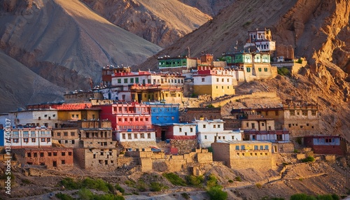 Colorful Roofs of Remote Village in Spiti Valley, Himachal Pradesh, India