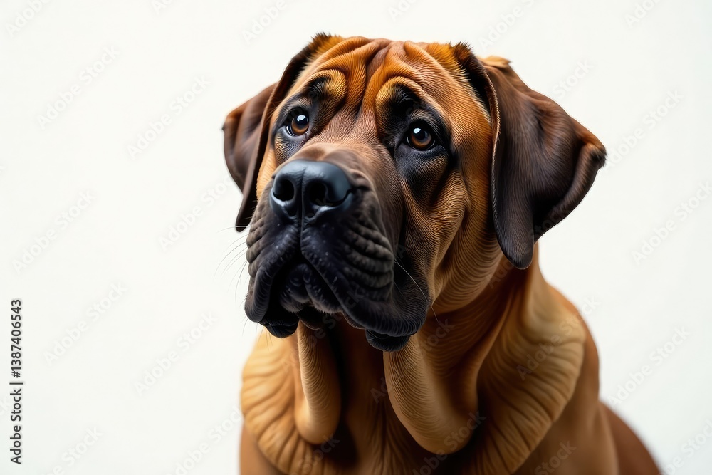 Imposing mastiff, head tilted, pure white backdrop, dog breed, background Imposing mastiff, head tilted, pure white backdrop, dog breed, background