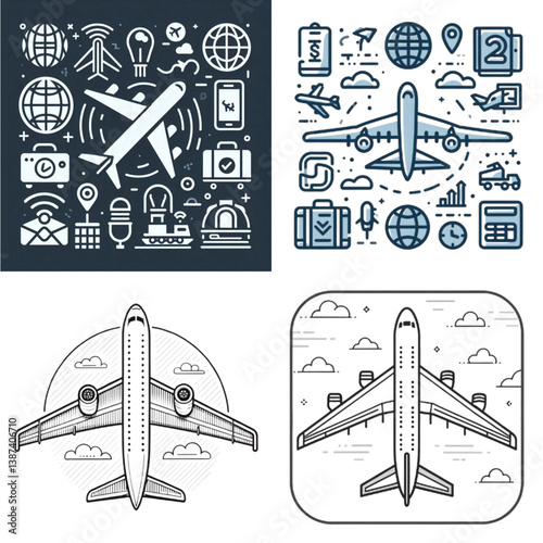 Airplane icons and illustrations representing travel and technology  