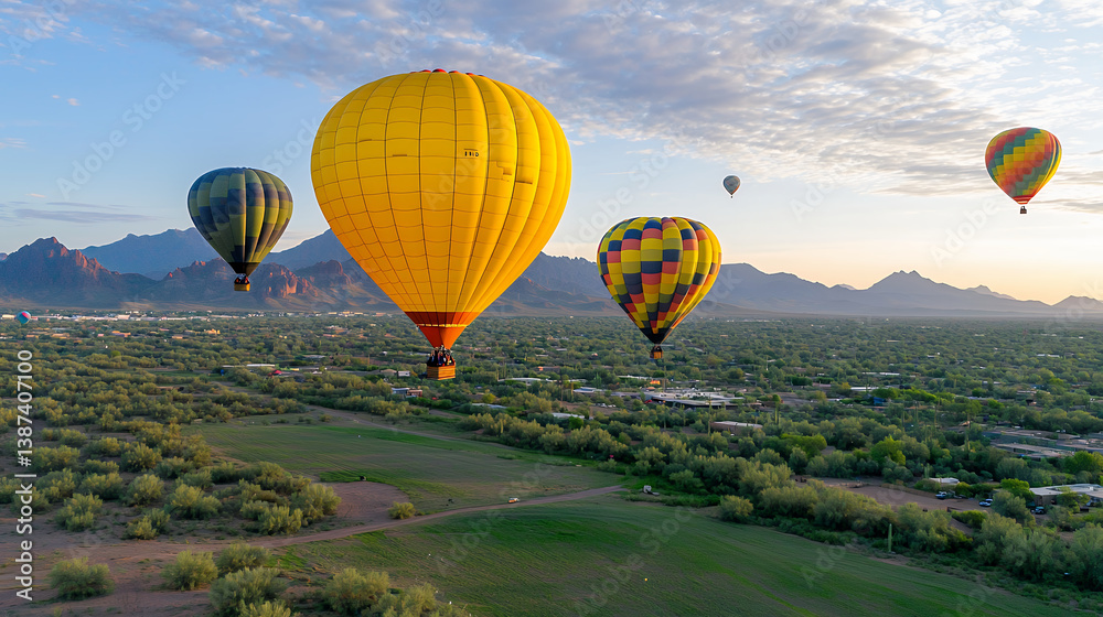 Obraz premium Colorful hot air balloons float above scenic landscape, showcasing vibrant colors against backdrop of mountains and greenery. serene atmosphere
