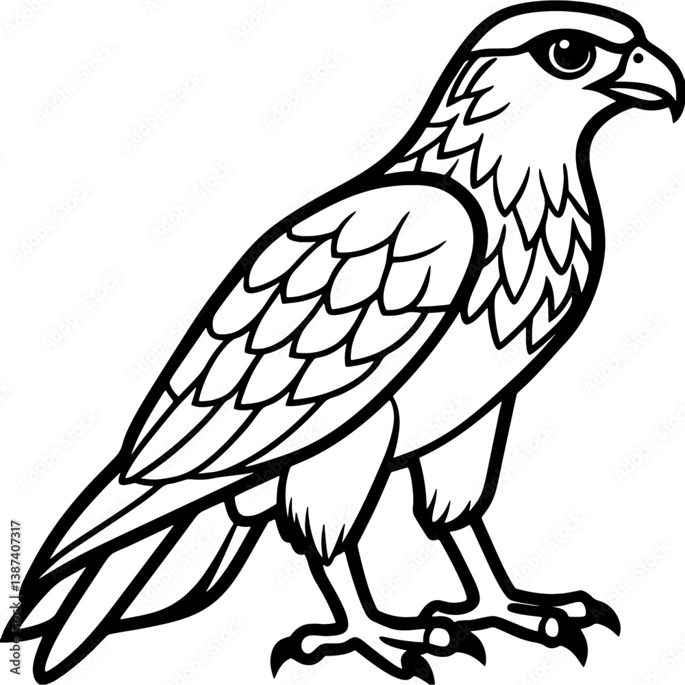 Obraz premium Hawk bird simple black line art image, Black bold outline vector icon, Bird vector illustration