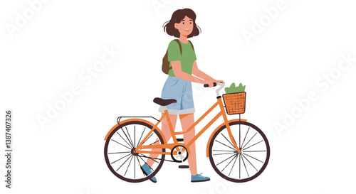 Young woman riding a bicycle with groceries in a urban setting  