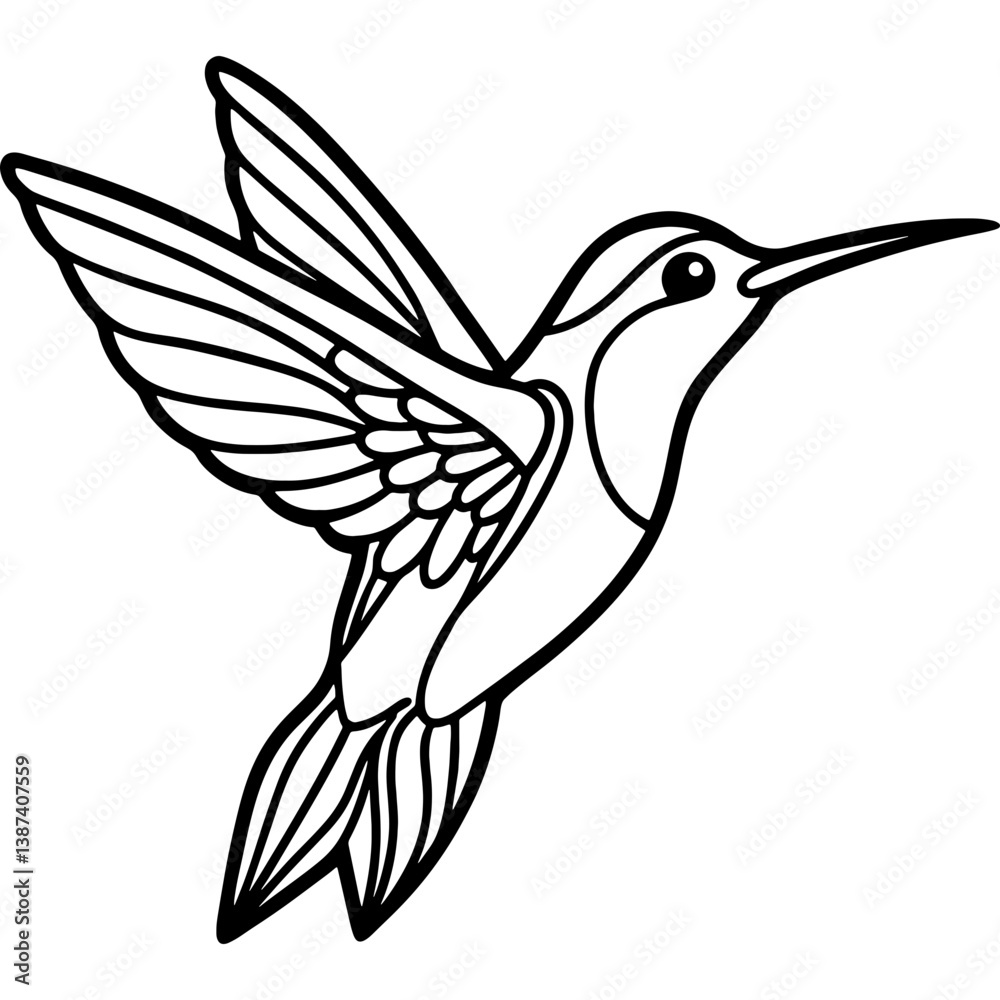 Obraz premium Hummingbird bird simple black line art image, Black bold outline vector icon, Bird vector illustration