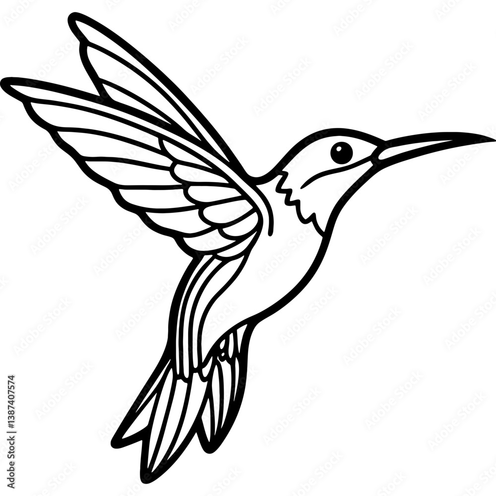 Obraz premium Hummingbird bird simple black line art image, Black bold outline vector icon, Bird vector illustration