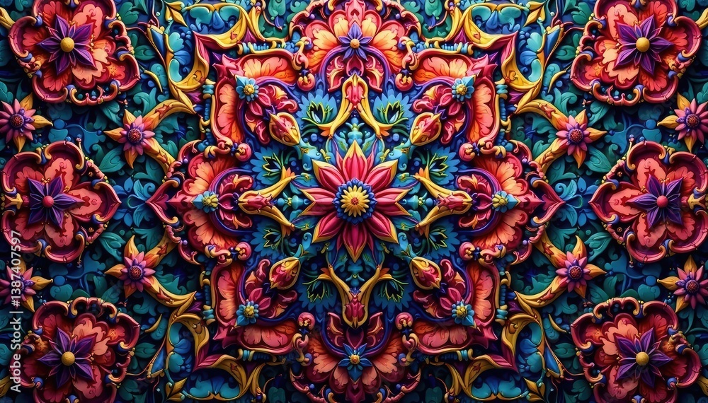 Intricate, repeating geometric textile design, vibrant, fabric, motif Intricate, repeating geometric textile design, vibrant, fabric, motif