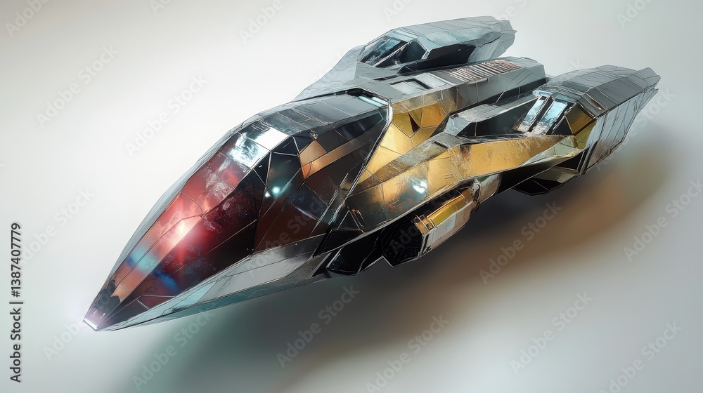 Shiny silver futuristic spaceship toy on a white surface reflecting Shiny silver futuristic spaceship toy on a white surface reflecting