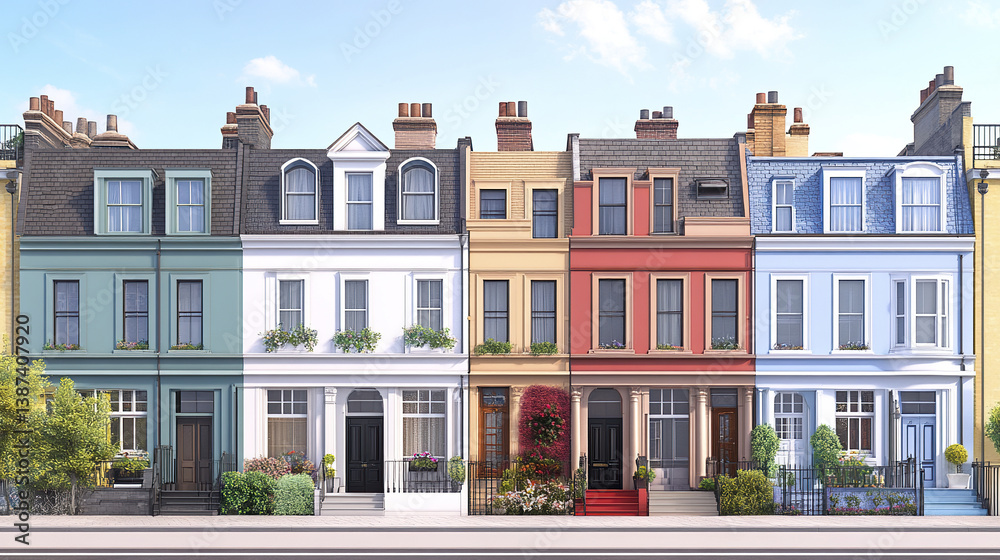 Fototapeta premium Colorful row of charming terrace houses with vibrant facades and lush greenery