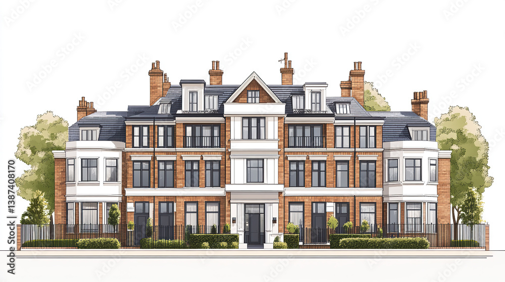 Fototapeta premium Elegant townhouse with classic architecture and lush greenery