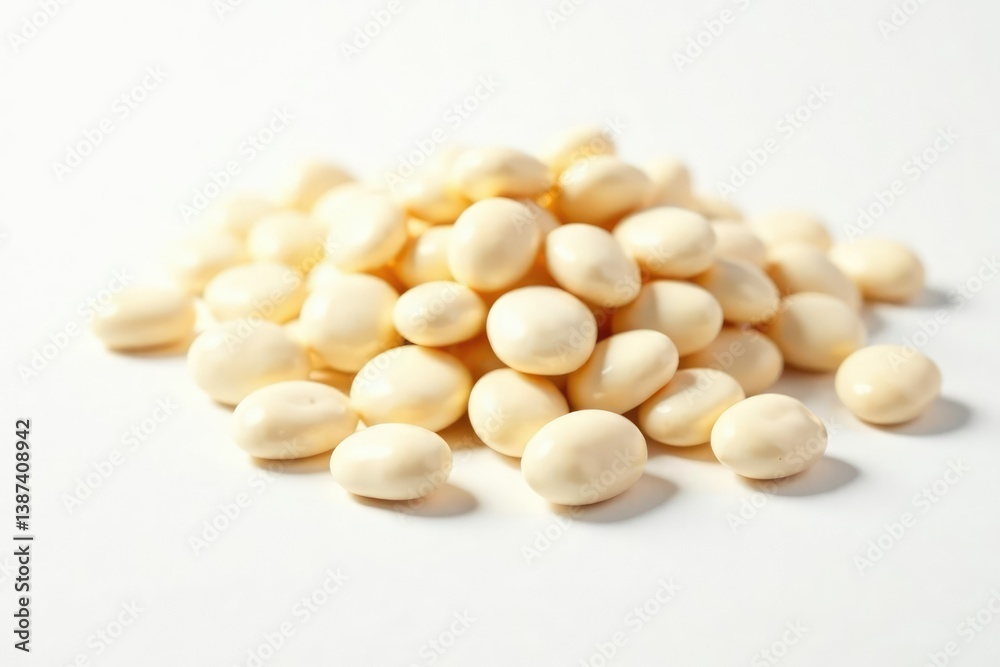 Scattered white beans on pristine white background, studio, cooking ingredient, ingredient Scattered white beans on pristine white background, studio, cooking ingredient, ingredient