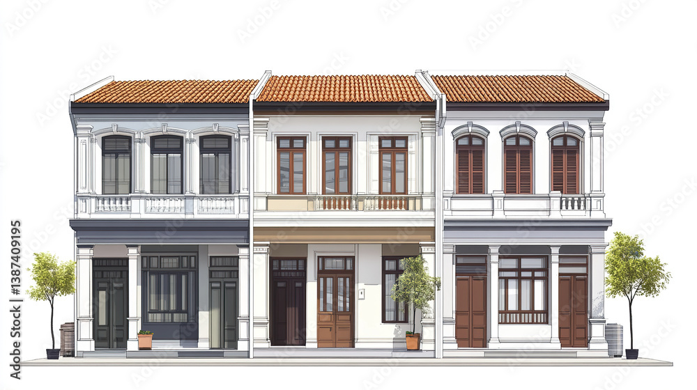 Fototapeta premium Terraced houses with classic architecture and trees in front