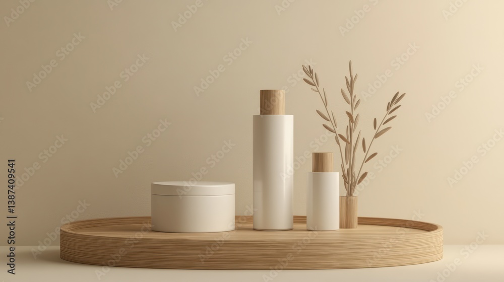 Minimalist cosmetic display on wooden tray Minimalist cosmetic display on wooden tray